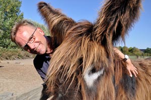 Zwei Poitou-Eseln unterstützen Dr. Rainer Hagencord, Priester in Münster, bei seiner Arbeit für eine ökologische Spiritualität