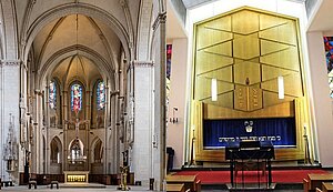 Bildcollage mit Blick in die Innenräume von Paulusdom und Synagoge Münster.