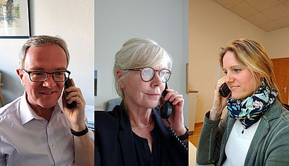 Eine Collage aus Bildern von Thomas Bruns, Claudia Hardeweg und Heike Plitt jeweils mit einem Telefonhörer am Ohr.