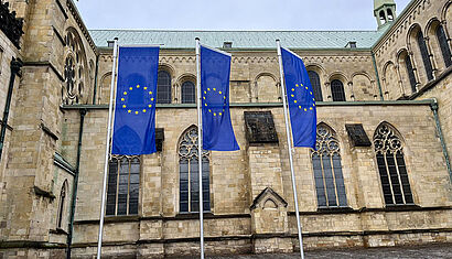 Goldene Sterne auf blauem Grund: Vor dem St.-Paulus-Dom in Münster sind Europaflaggen gehisst worden.