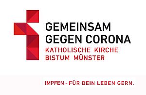 Das Logo des Bistums Münster mit der geänderten Aufschrift "Gemeinsam gegen Corona. Katholische Kirche Bistum Münster. Impfen - für Dein Leben gern."