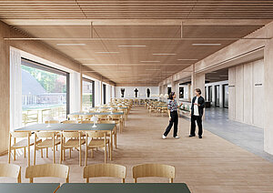 Bei der Neugestaltung der LVHS Freckenhorst setzt das Architekturbüro Kuckert Architekten auf natürliche Materialien wie Eichenholz und Naturstein wie hier bei einem Entwurf der neuen Kantine.