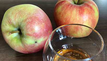 Ein Glas mit Honig und zwei Äpfel.