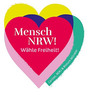 Logo der Demokratiekampagne des Bistums Münster: Ein buntes Herz mit der Aufschrift "Mensch NRW! Wähle Freiheit!" Logo der Demokratiekampagne des Bistums Münster: Ein buntes Herz mit der Aufschrift "Mensch NRW! Wähle Freiheit!"