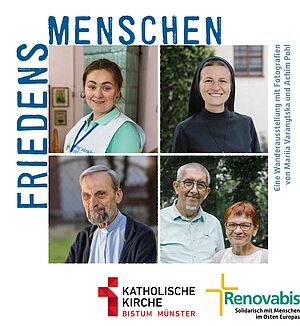 Titelseite des Ausstellungskataloges mit der Aufschrift "Friedensmenschen" sowie "Eine Wanderausstellung mit Fotografien von Mariia Varanytska und Achim Pohl" und vier Fotos.