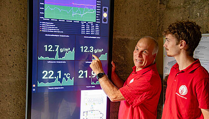 Johannes Schubert (links) und Linus Blum zeigen auf einem Monitor im Kreuzgang des Domes die Messergebnisse der Sensoren sowie die Ampel, die zeigt, ob Werte eine kritische Grenze erreichen.