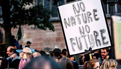 Bei einer Demonstration hält eine nicht zu erkennende Person ein Transparent mit der Aufschrift "No nature no future" in die Luft.