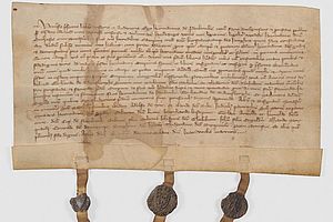 Ein eng mit Tinte beschriebenes Blatt Papier mit drei geöffneten Siegeln. Ein eng mit Tinte beschriebenes Blatt Papier mit drei geöffneten Siegeln.