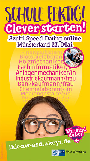 Veranstaltungsplakat des Azubi-Speed-Datings der IHK Nordwestfalen. Veranstaltungsplakat des Azubi-Speed-Datings der IHK Nordwestfalen.