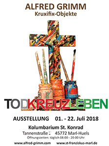 Das Plakat der Ausstellung zeigt ein bunt bemaltes Kreuz sowie den Titel der Ausstellung TodKreuzLeben.