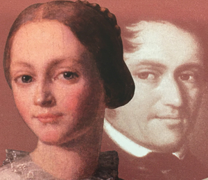Eine Kombination von zwei Porträtgemälden, links Clara Schumann, rechts ihr Vater Friedrich Wieck