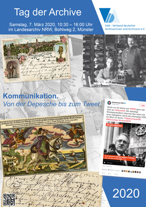 Das Veranstaltungsplakat zeigt unter anderem eine historische Postkarte, eine alte Handschrift, zwei Archivmitarbeiter früherer Zeiten und einen Tweet der Staatskanzlei NRW zu 30 Jahren Mauerfall.