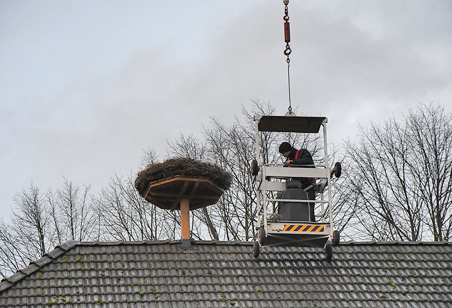 Auf dem Dach hat der Dachdecker das Nest befestigt.