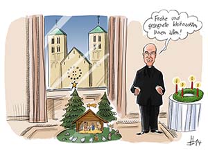Die Zeichnung zeigt Bischof Dr. Felix Genn. Eine Sprechblase enthält die Worte "Frohe und gesegnete Weihnachten Ihnen allen!". Rechts und links neben den Bischof befinden sich eine Krippe und ein Adventskranz mit vier brennenden Kerzen. Durch ein Fenster im Hintergrund blickt man auf die Westfassade mit den zwei Türmen des St.-Paulus-Doms.