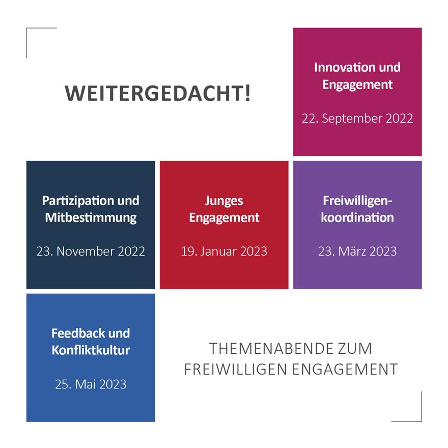 Textkachel mit den Überschriften und Daten der verschiedenen Veranstaltungen aus der Reihe "Weitergedacht"