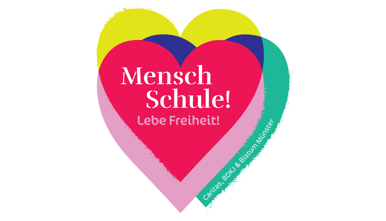 Das Logo des Schulwettbewerbs: Ein buntes Herz mit der Aufschrift: "Mensch Schule! Lebe Freiheit!".
