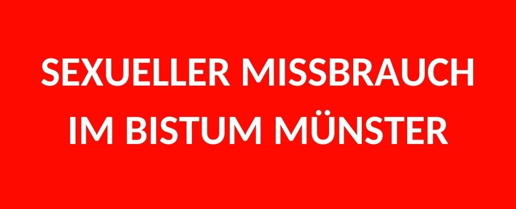 Weißer Schriftzug "Sexueller Missbrauch im Bistum Münster" auf rotem Hintergrund.