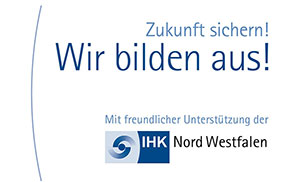 Logo der IHK NordWestfalen mit Aufschrift "Zukunft sichern! Wir bilden aus!"