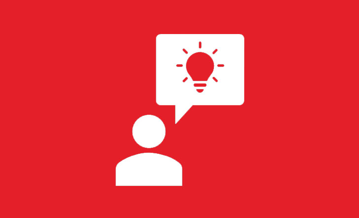 Icon mit einer Person und einer leuchtenden Glühbirne in einer Sprechblase