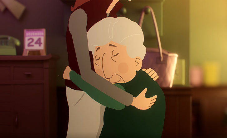 Szene aus dem Animationsfilm: Eine alte Dame umarmt eine jüngere Frau. 