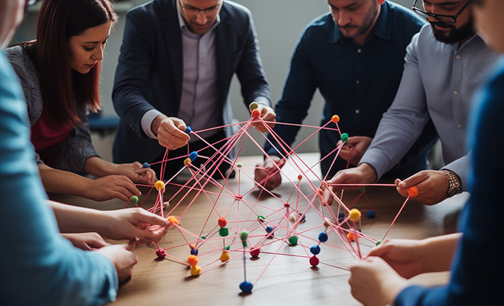 Eine Gruppe Menschen, die um einen Tisch mit einem dreidimensionalen Modell aus Bindfäden stehen. Eine Gruppe Menschen, die um einen Tisch mit einem dreidimensionalen Modell aus Bindfäden stehen.