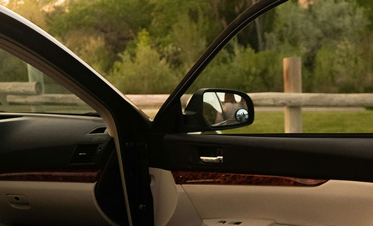 Eine geöffnete Autotür von innen.