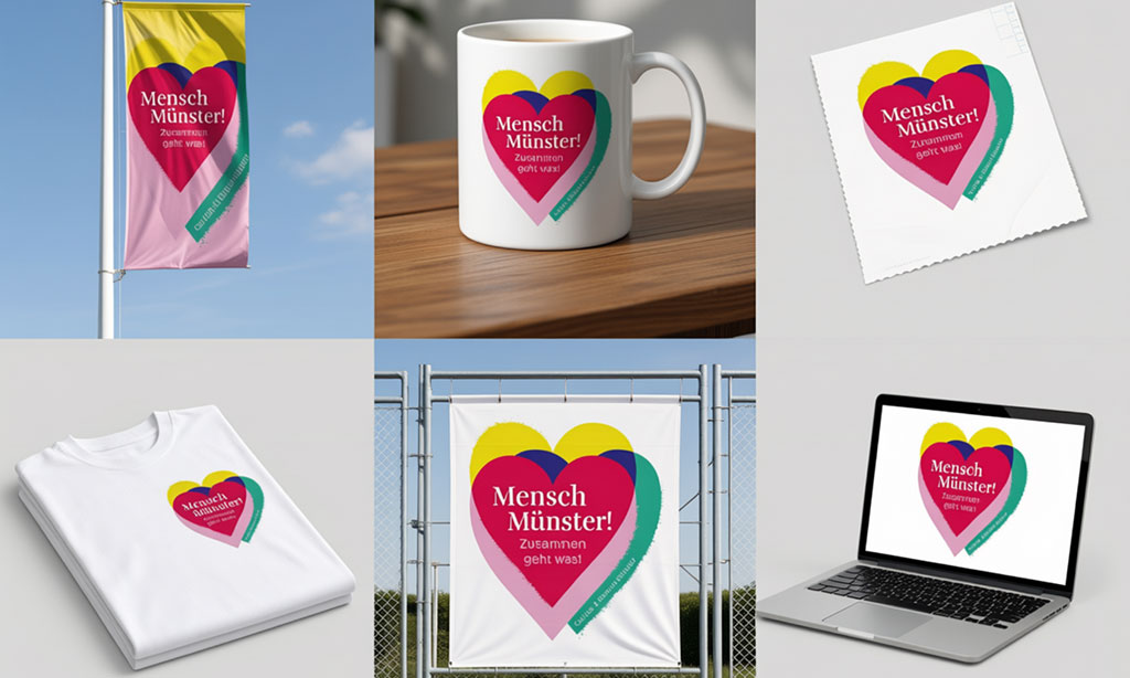 Verschiedene Produkte wie eine Flagge, eine Tasse oder ein Sticker mit dem Logo der Kampagne "Zusammen geht was!"